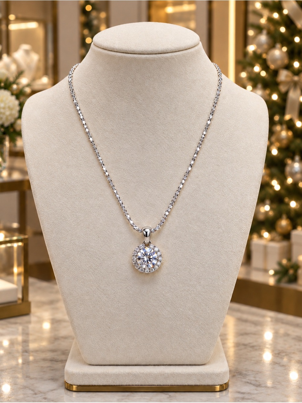Sterling Silver 1.06 CTW Moissanite Halo Pendant Necklace with Diamond-Cut Rope
